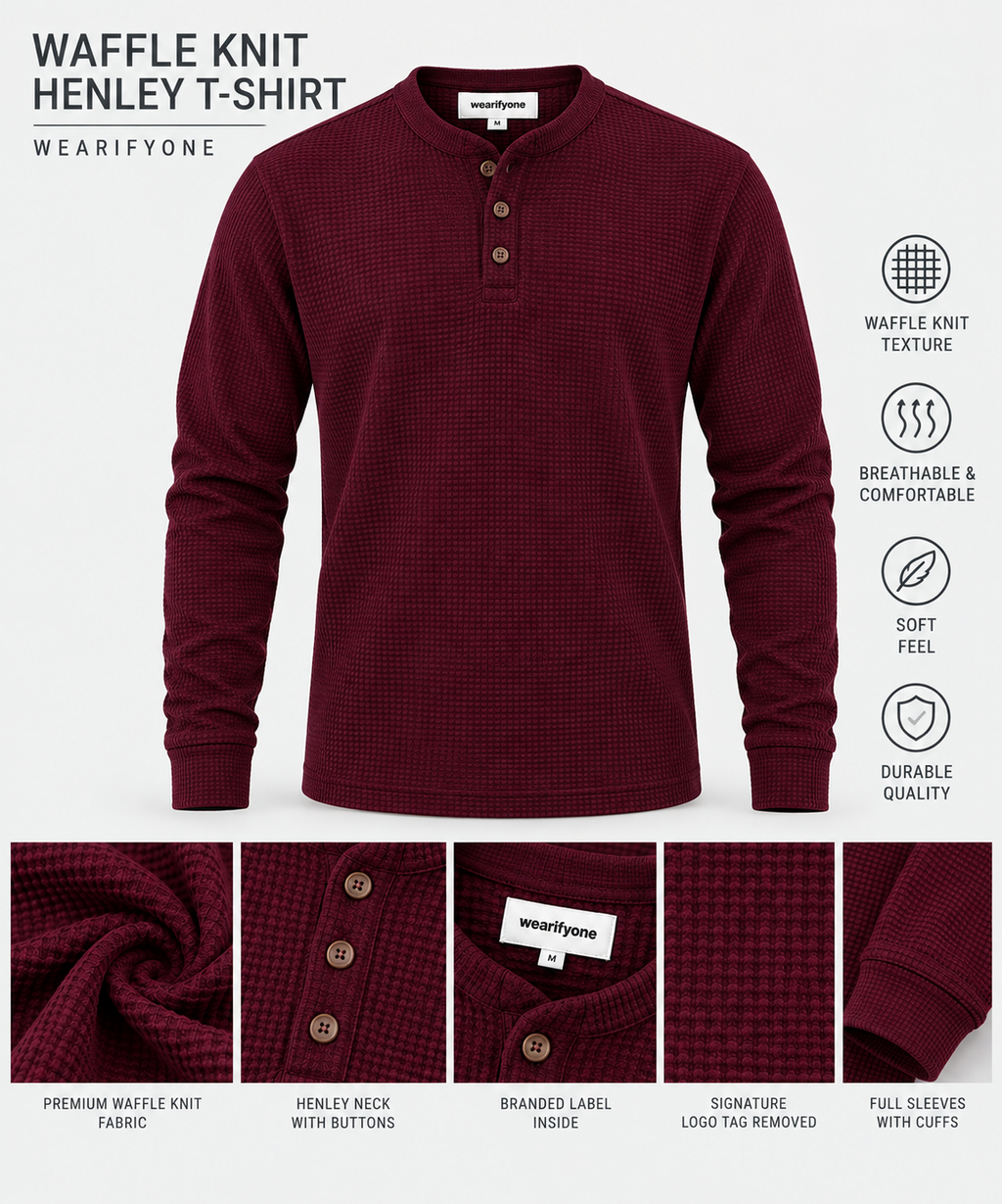 Waffle Knit Henley T-Shirt - Maroon