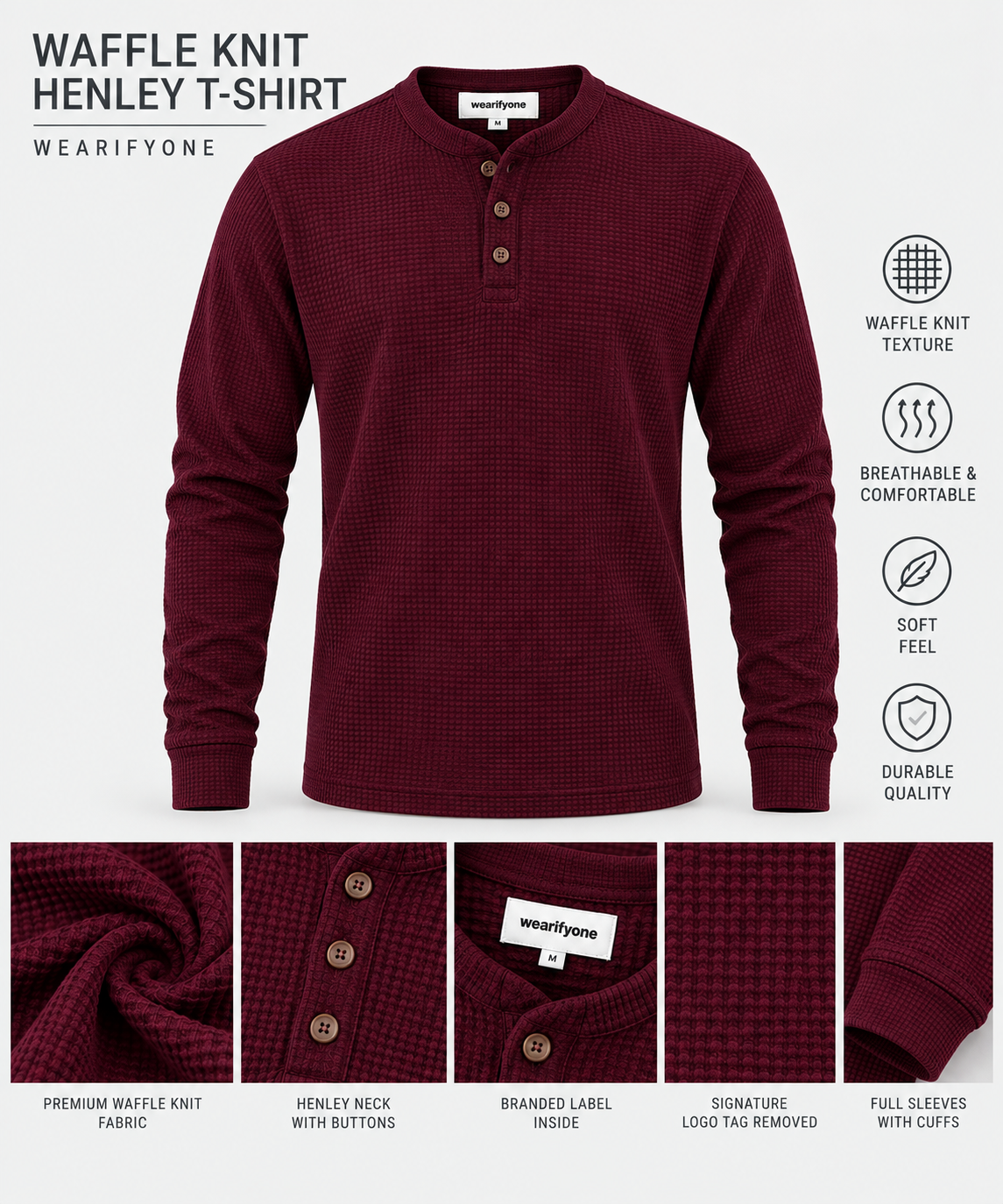 Waffle Knit Henley T-Shirt - Maroon