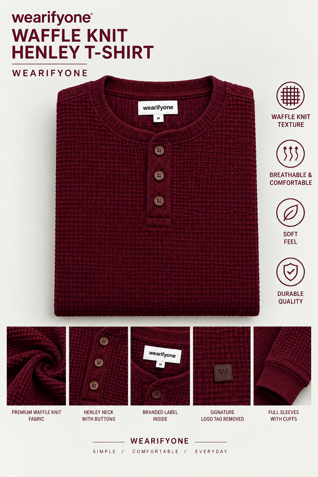 Waffle Knit Henley T-Shirt - Maroon