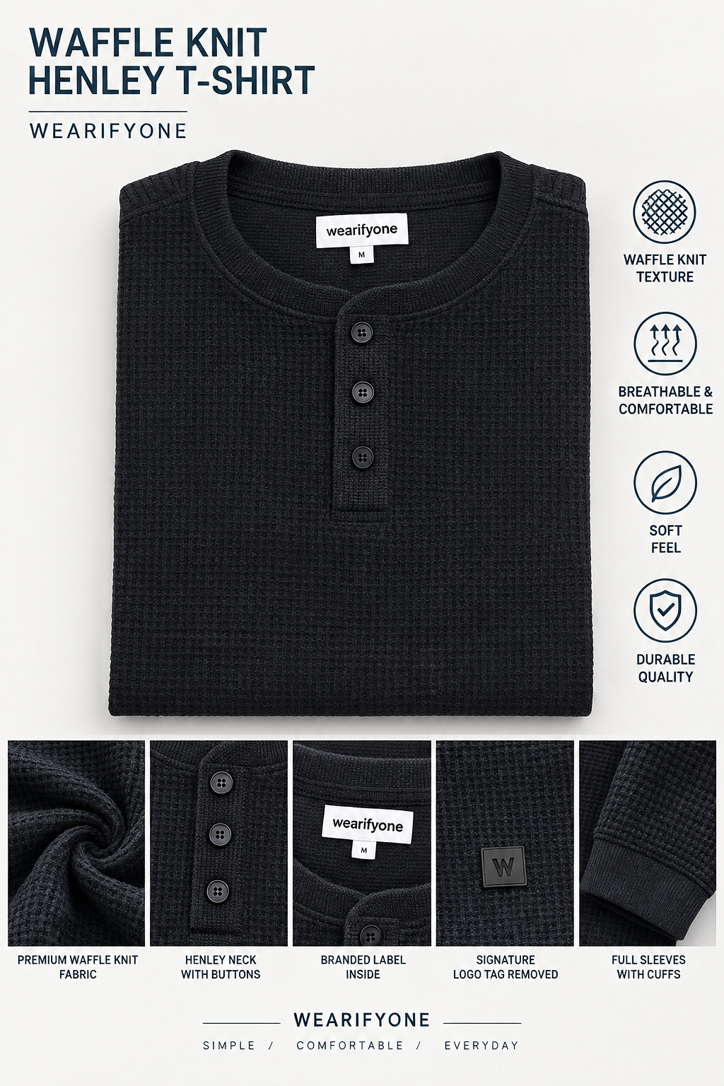 Waffle Knit Henley T-Shirt - Black