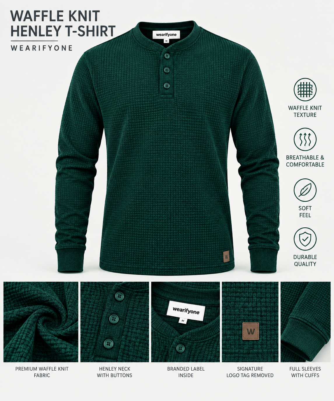 Waffle Knit Henley T-Shirt - Green