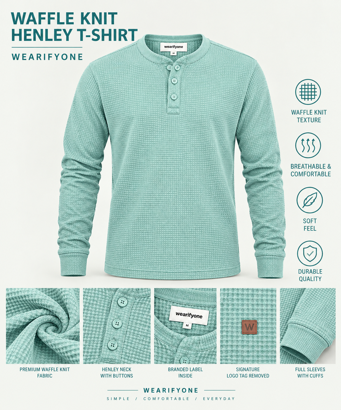 Waffle Knit Henley T-Shirt - Mint Green