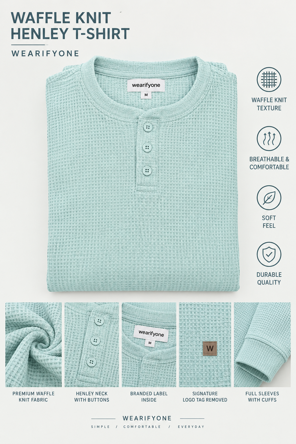 Waffle Knit Henley T-Shirt - Mint Green