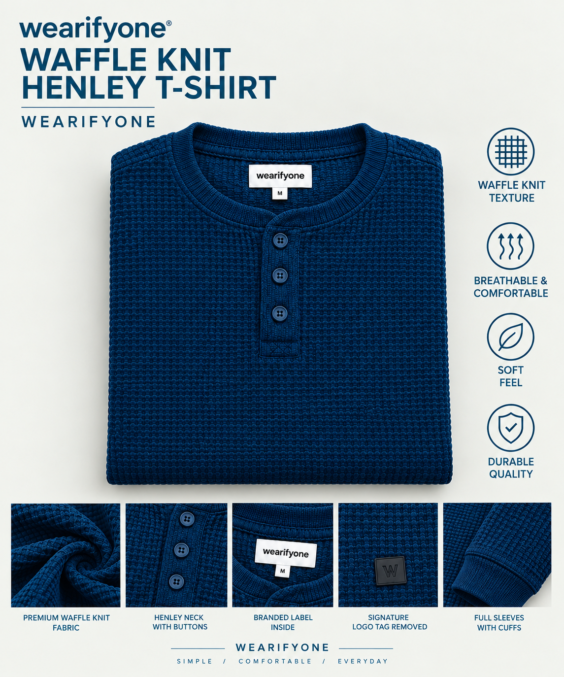 Waffle Knit Henley T-Shirt - Navy Blue