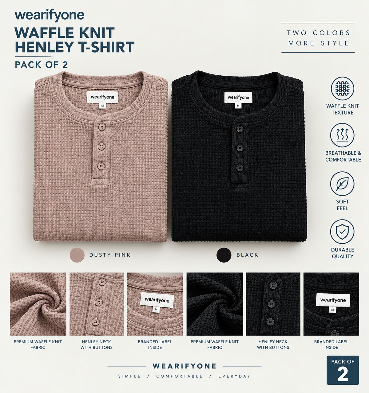 Waffle Knit Henley T-Shirt - Pack of 2 (Dusty Pink + Black)