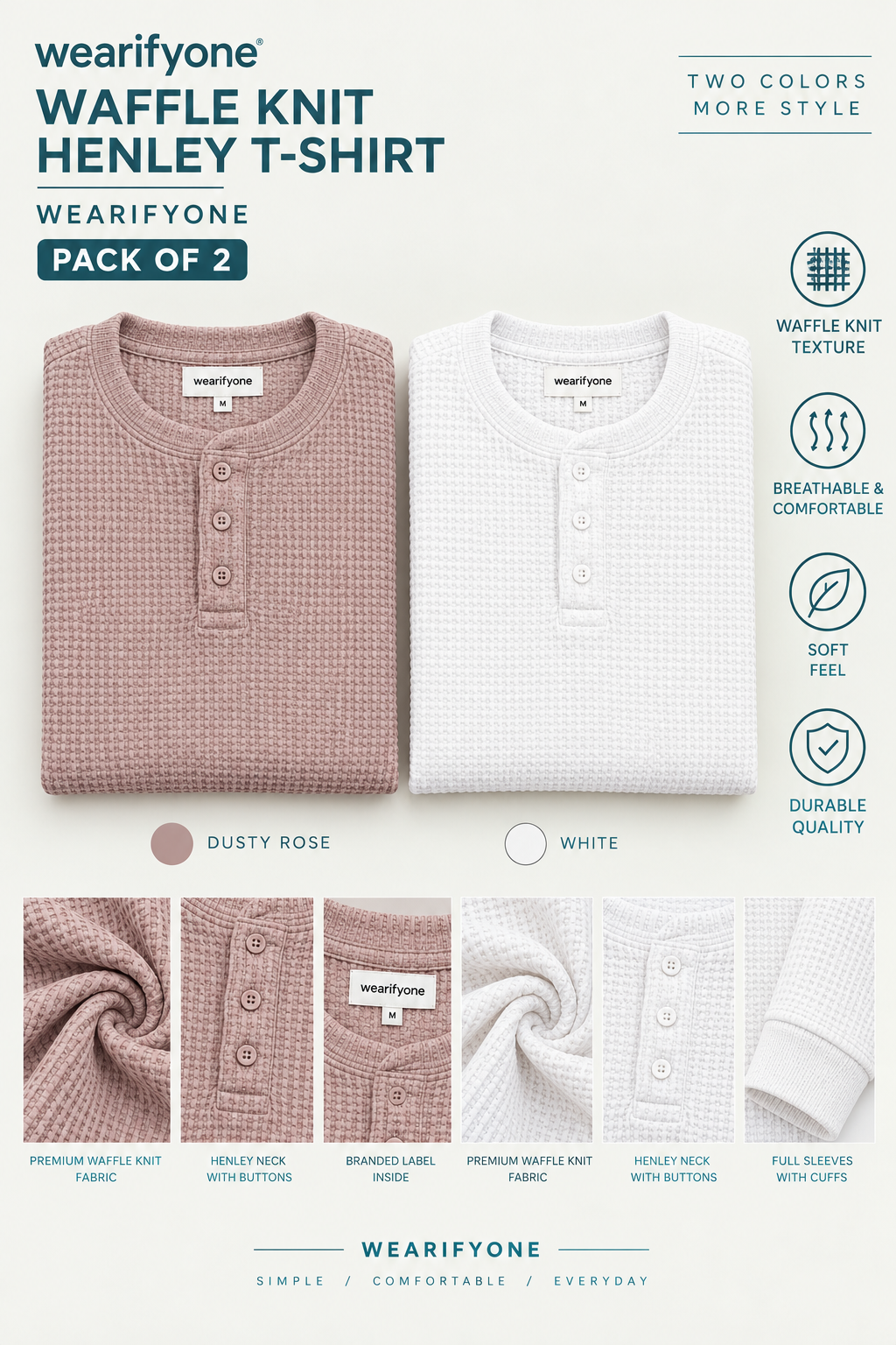 Waffle Knit Henley T-Shirt - Pack of 2 (Dusty Rose + White)