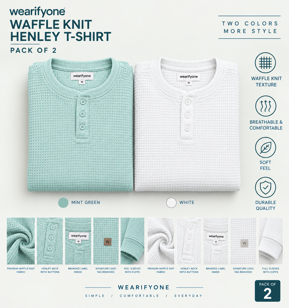 Waffle Knit Henley T-Shirt - Pack of 2 (Mint Green + White)